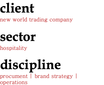 client new world trading company sector hospitality discipline procument | brand strategy | operations